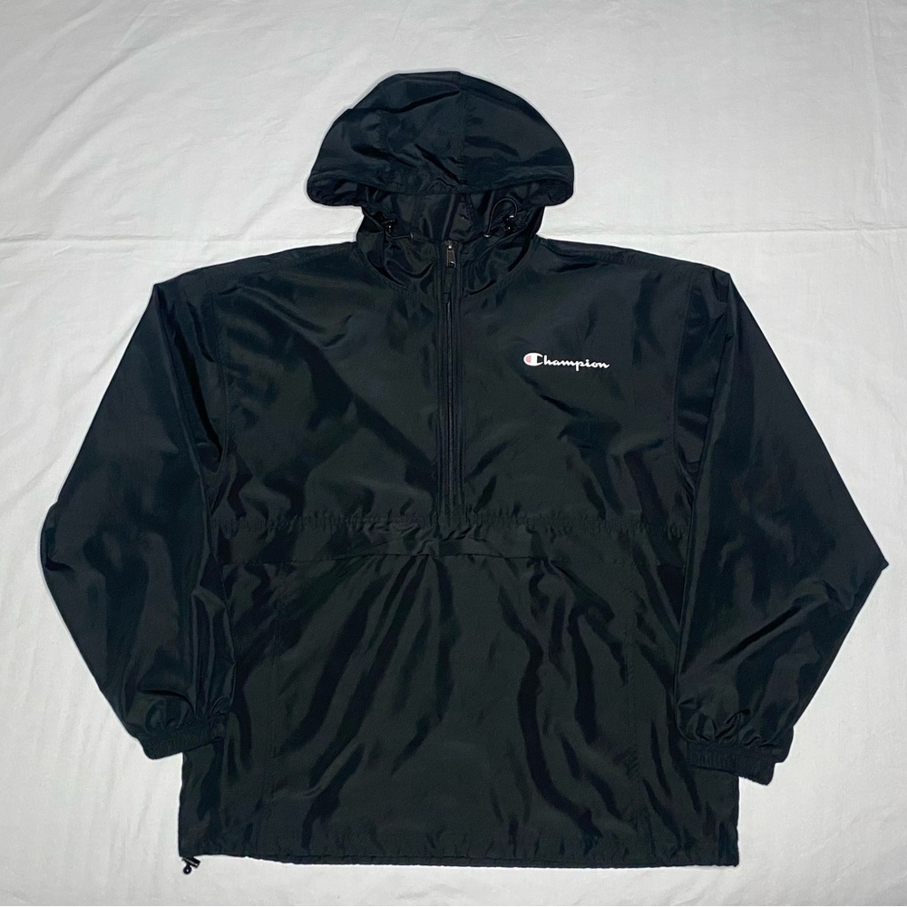 Champion Hoodie Mens Large Black Logo Pullover Windbreaker 1/4 Zip Active